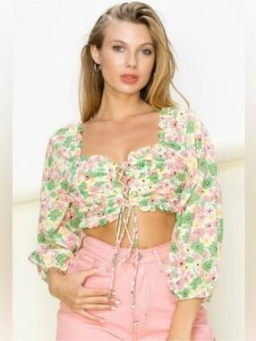 Floral Lace-Up Cropped Blouse in Pink & Green